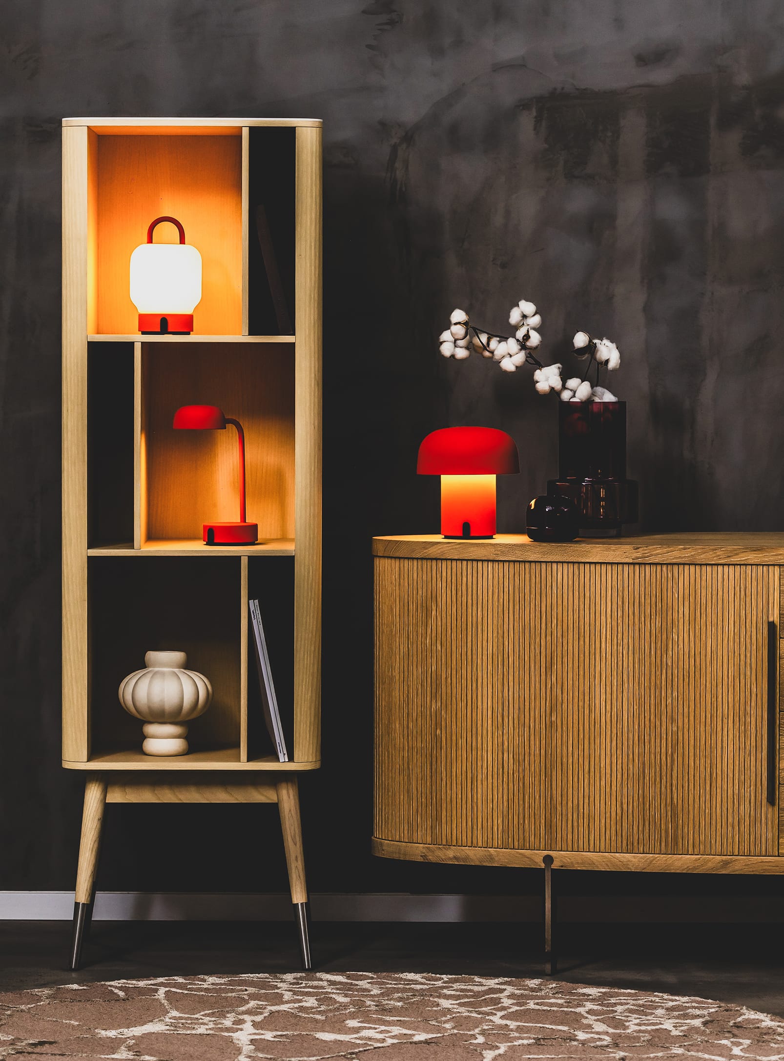 Portable and rechargeable, the Fokus Orange LED lamp offers warm 2700K light and adjustable brightness for any setting.