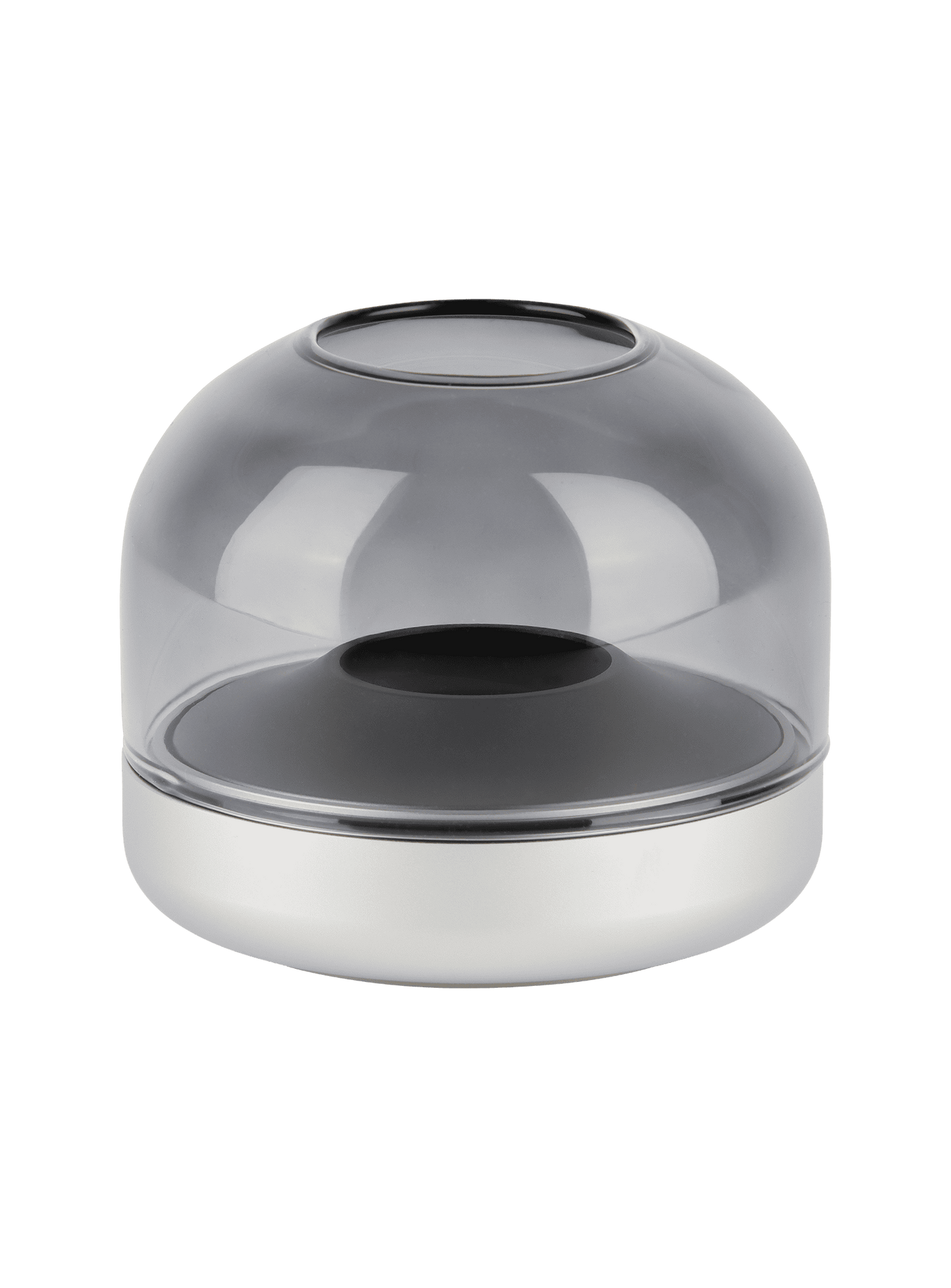 Glow 08 by Kooduu – frosted silver candle holder with brushed aluminum and handmade glass for a high-end flameless candle experience.