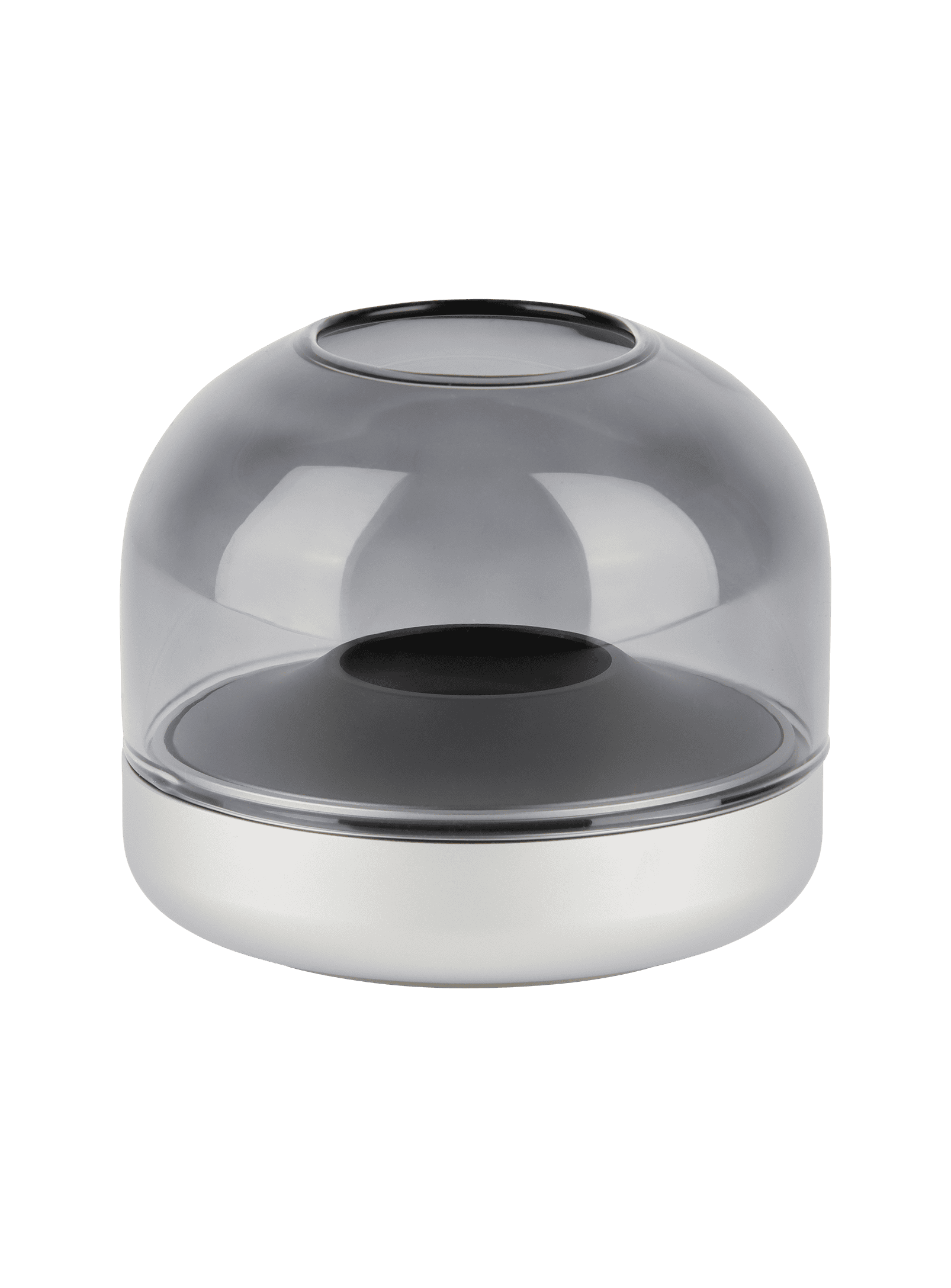 Glow 08 by Kooduu – frosted silver candle holder with brushed aluminum and handmade glass for a high-end flameless candle experience.