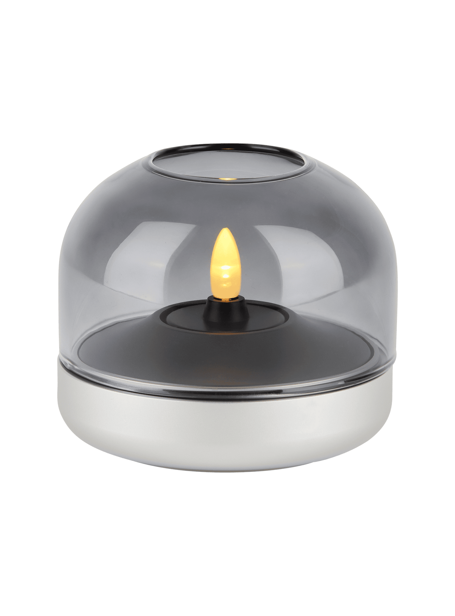 Kooduu Glow 08 Frosted Silver – sleek flameless candle holder with rechargeable Shine LED candle for safe, stylish lighting.