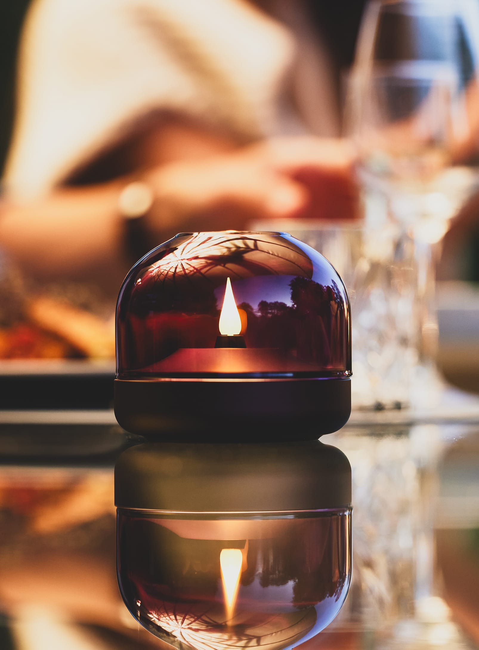 Purple Glow 08 by Kooduu – sleek brushed aluminum candle holder with handmade glass for modern, flameless candlelight.