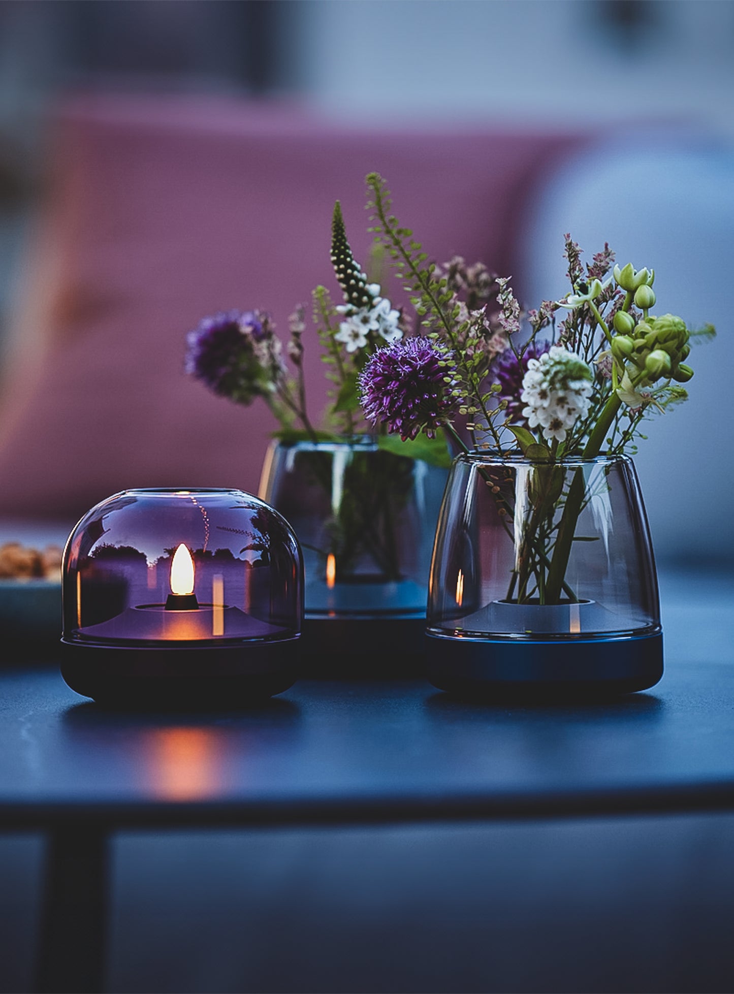 Glow 10 Cobalt Blue by Kooduu – luxurious brushed aluminum and glass candle holder offering over 100 hours of flameless LED light.
