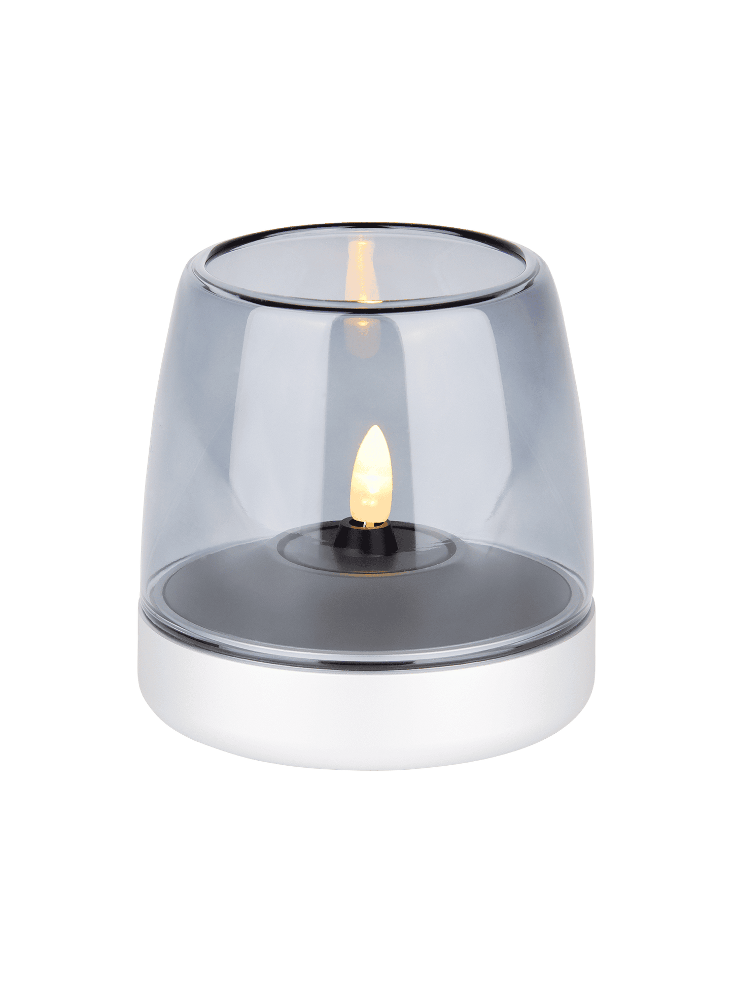 Kooduu Glow 10 Frosted Silver – elegant flameless candle holder with rechargeable LED candle for over 100 hours of safe lighting.
