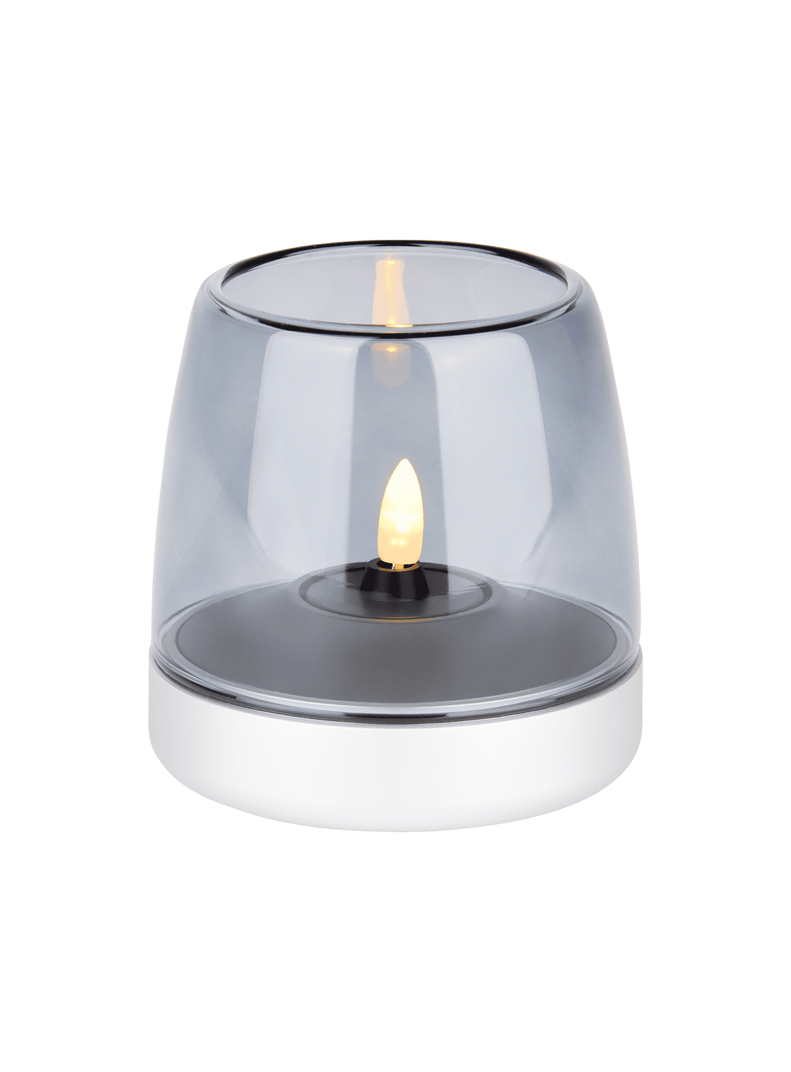 Kooduu Glow 10 Frosted Silver – elegant flameless candle holder with rechargeable LED candle for over 100 hours of safe lighting.
