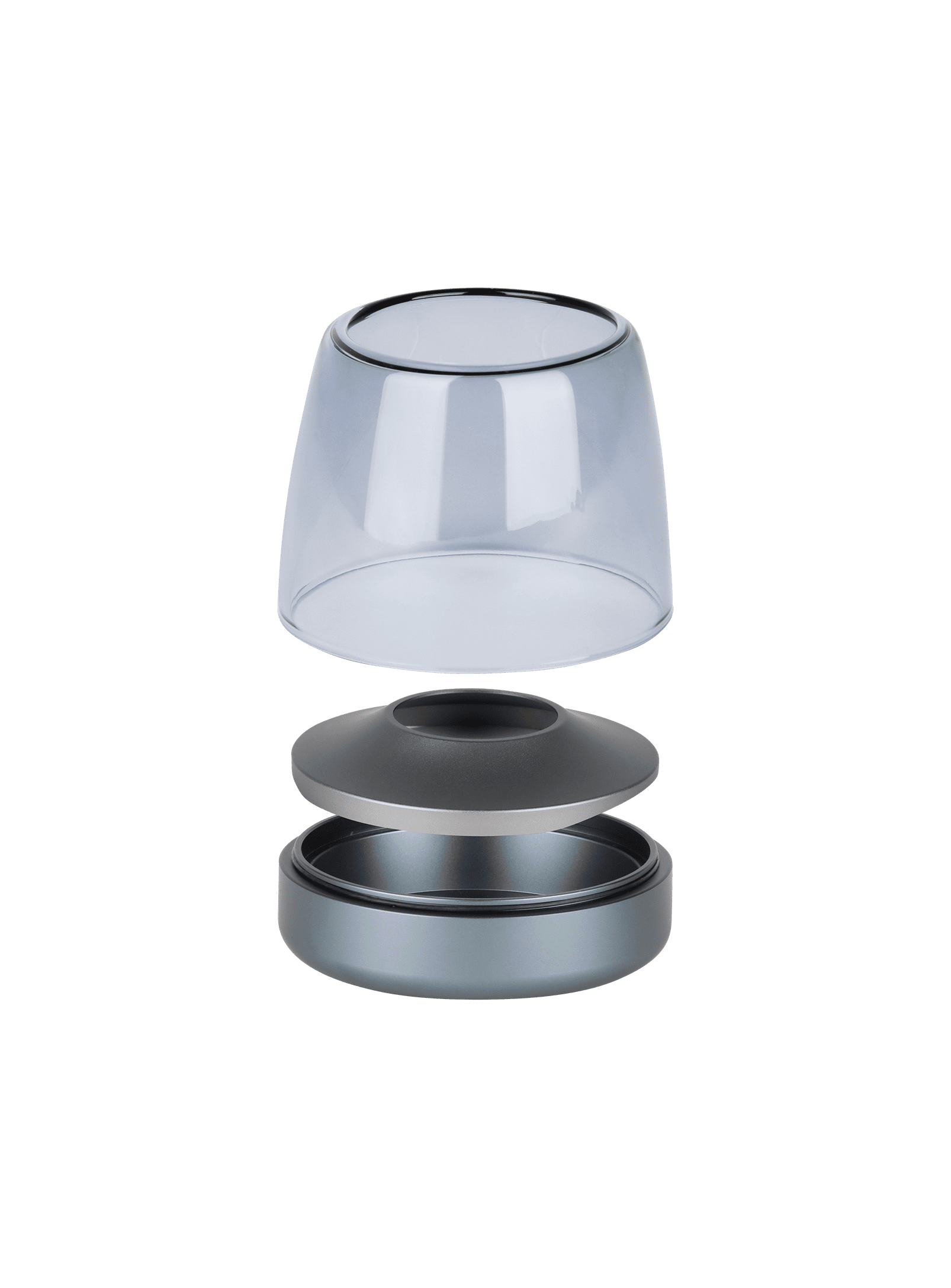 Kooduu Glow 10 Moody Blue – brushed aluminum and glass candle holder offering over 100 hours of rechargeable, flameless candlelight.