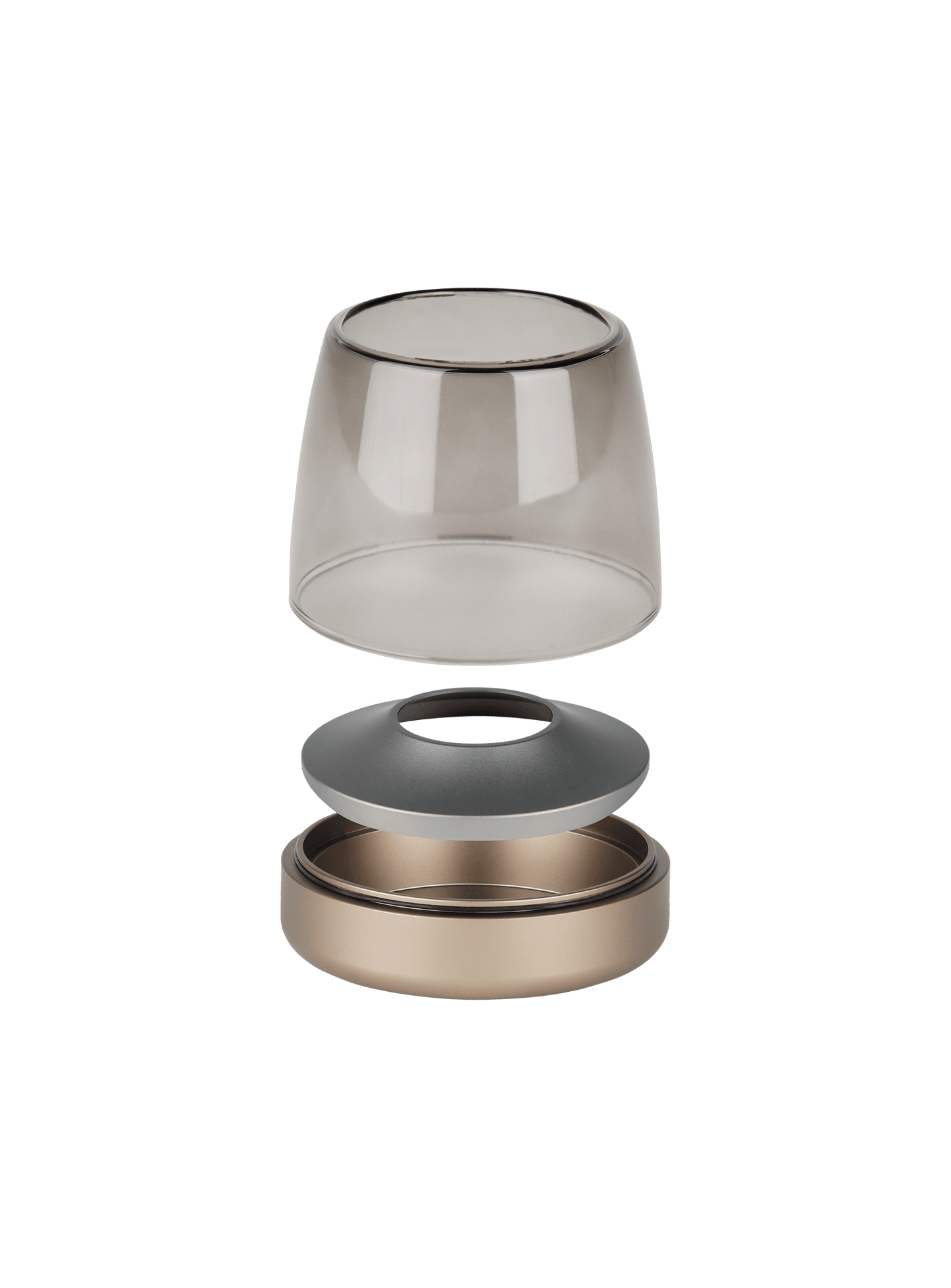 Kooduu Glow 10 Sepia – elegant brushed aluminum and glass candle holder offering over 100 hours of rechargeable LED candlelight.