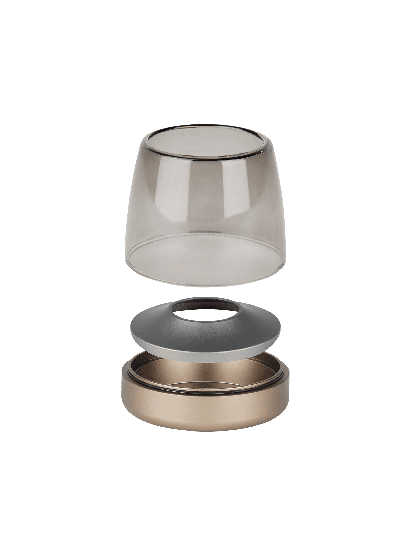 Kooduu Glow 10 Sepia – elegant brushed aluminum and glass candle holder offering over 100 hours of rechargeable LED candlelight.