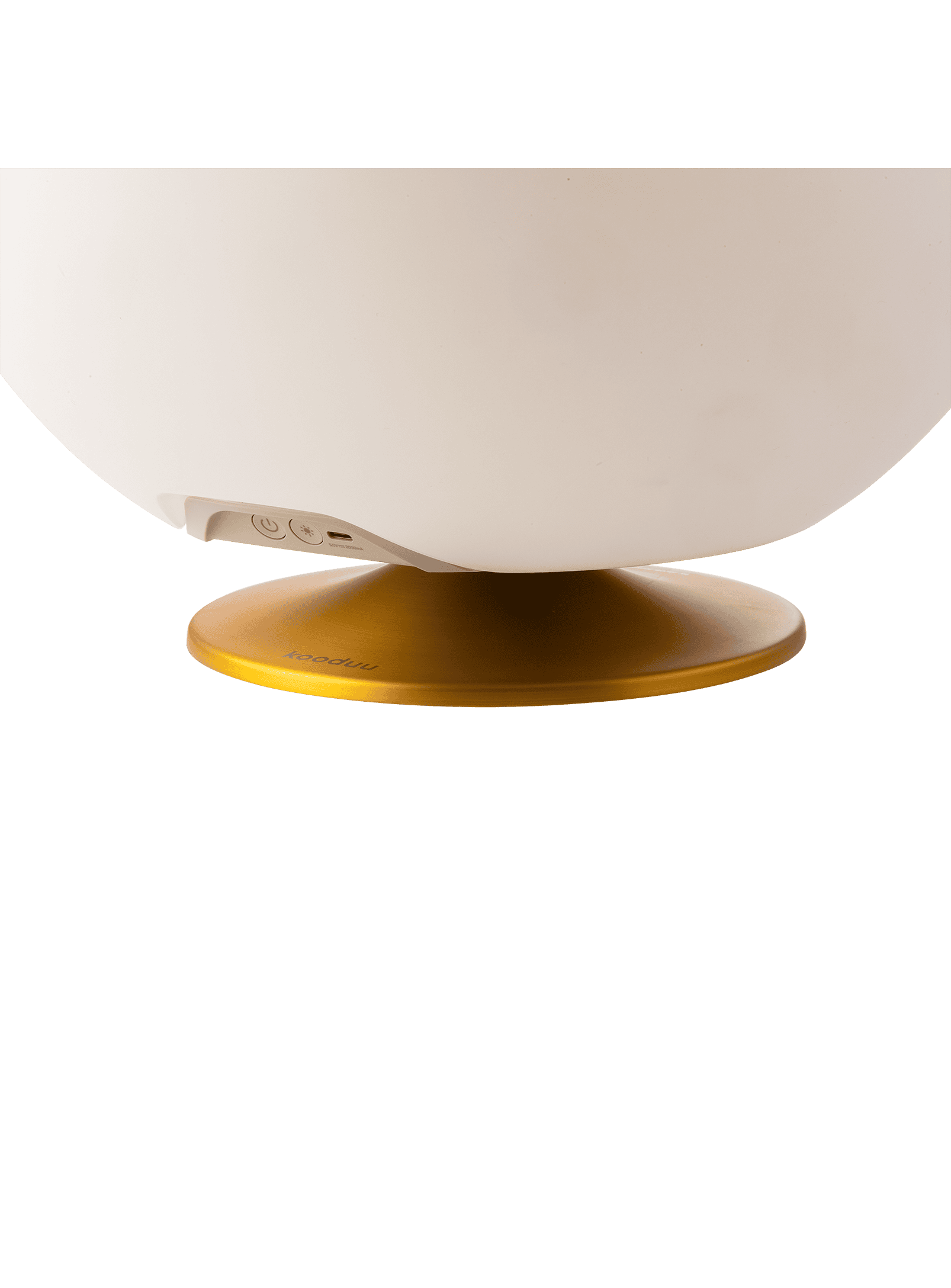Sphere Brass by Kooduu – multifunctional LED lamp, Bluetooth speaker, and drink cooler with brass accents for home decor.