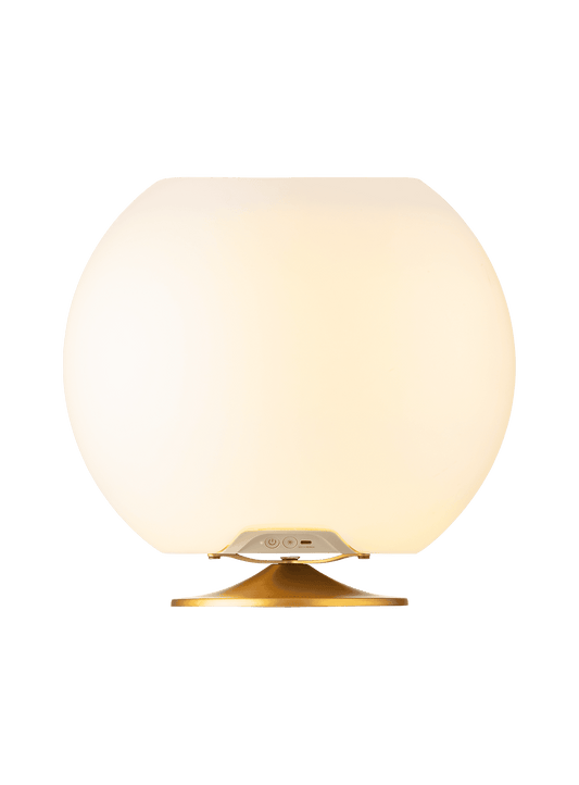 Sphere Brass by Kooduu – portable LED lamp, Bluetooth speaker, and drink cooler for stylish home entertainment.