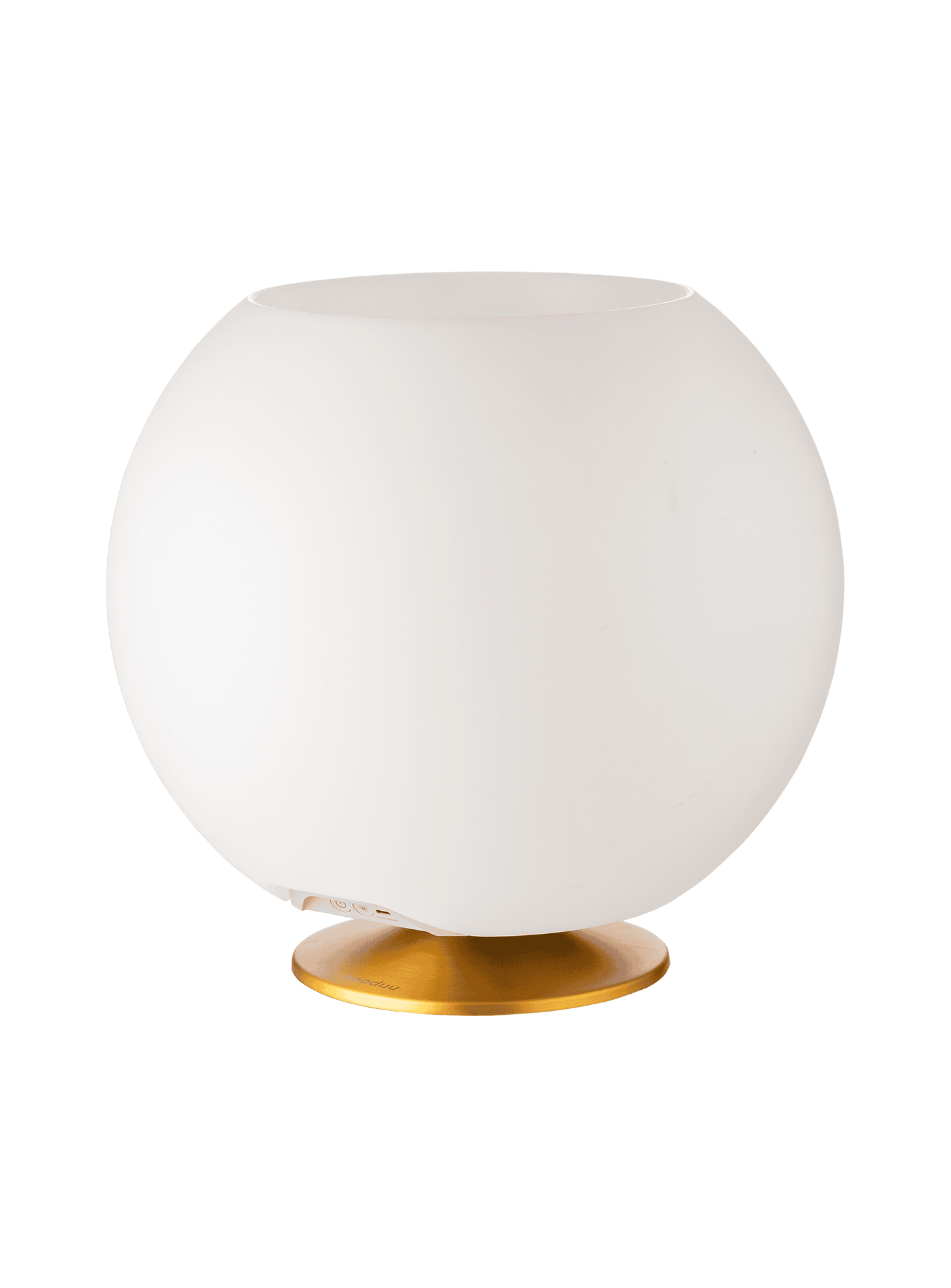 Sphere Brass by Kooduu – stylish speaker lamp with built-in drink cooler and warm, adjustable lighting.