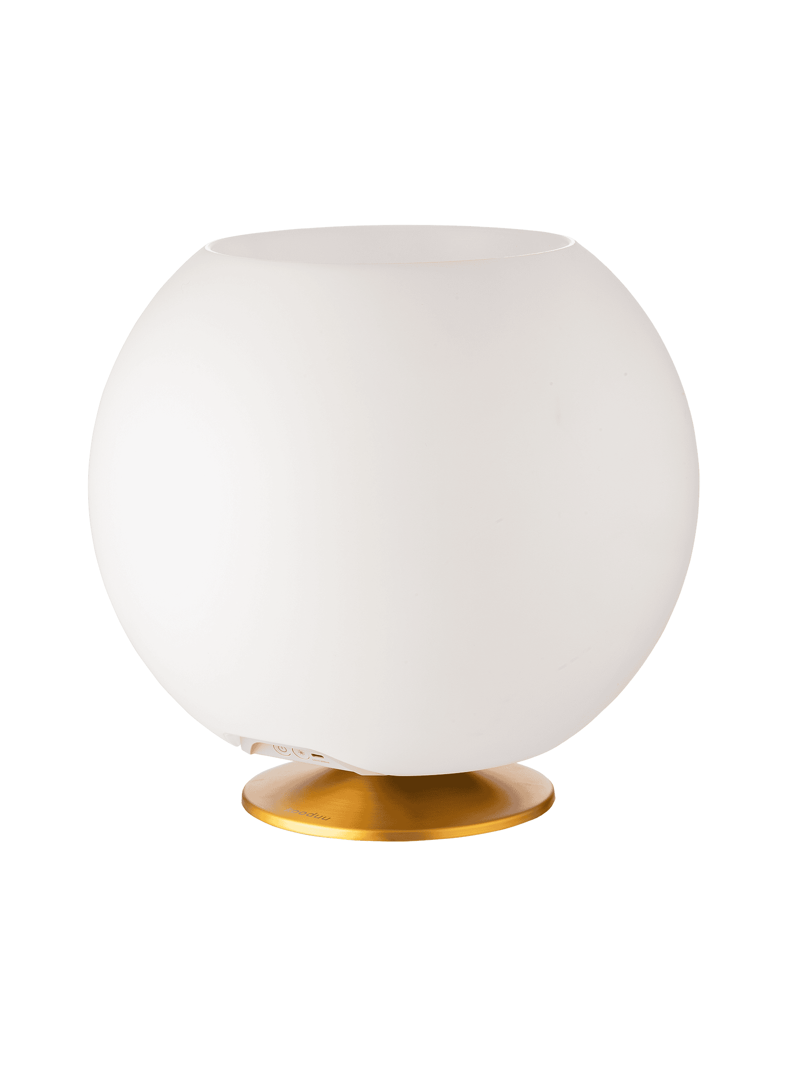 Sphere Brass by Kooduu – stylish speaker lamp with built-in drink cooler and warm, adjustable lighting.