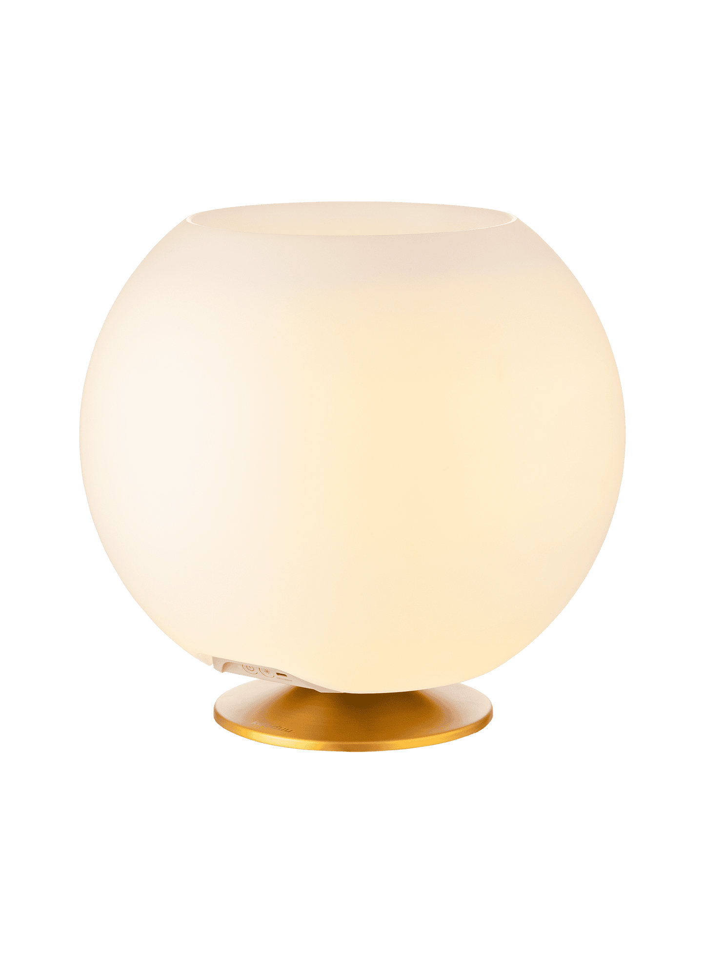Sphere Brass by Kooduu – Bluetooth speaker lamp with space for two bottles, brass stand, and 2700K warm light.