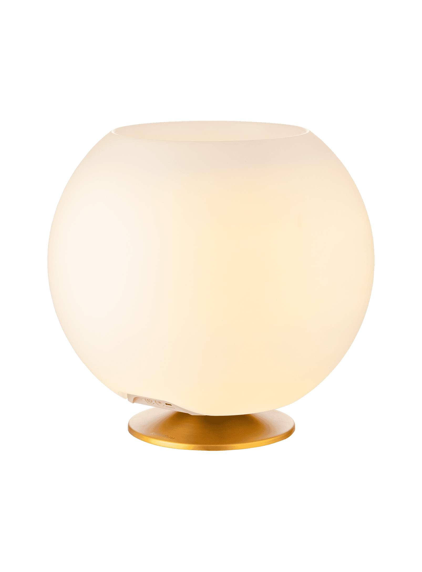 Sphere Brass by Kooduu – Bluetooth speaker lamp with space for two bottles, brass stand, and 2700K warm light.