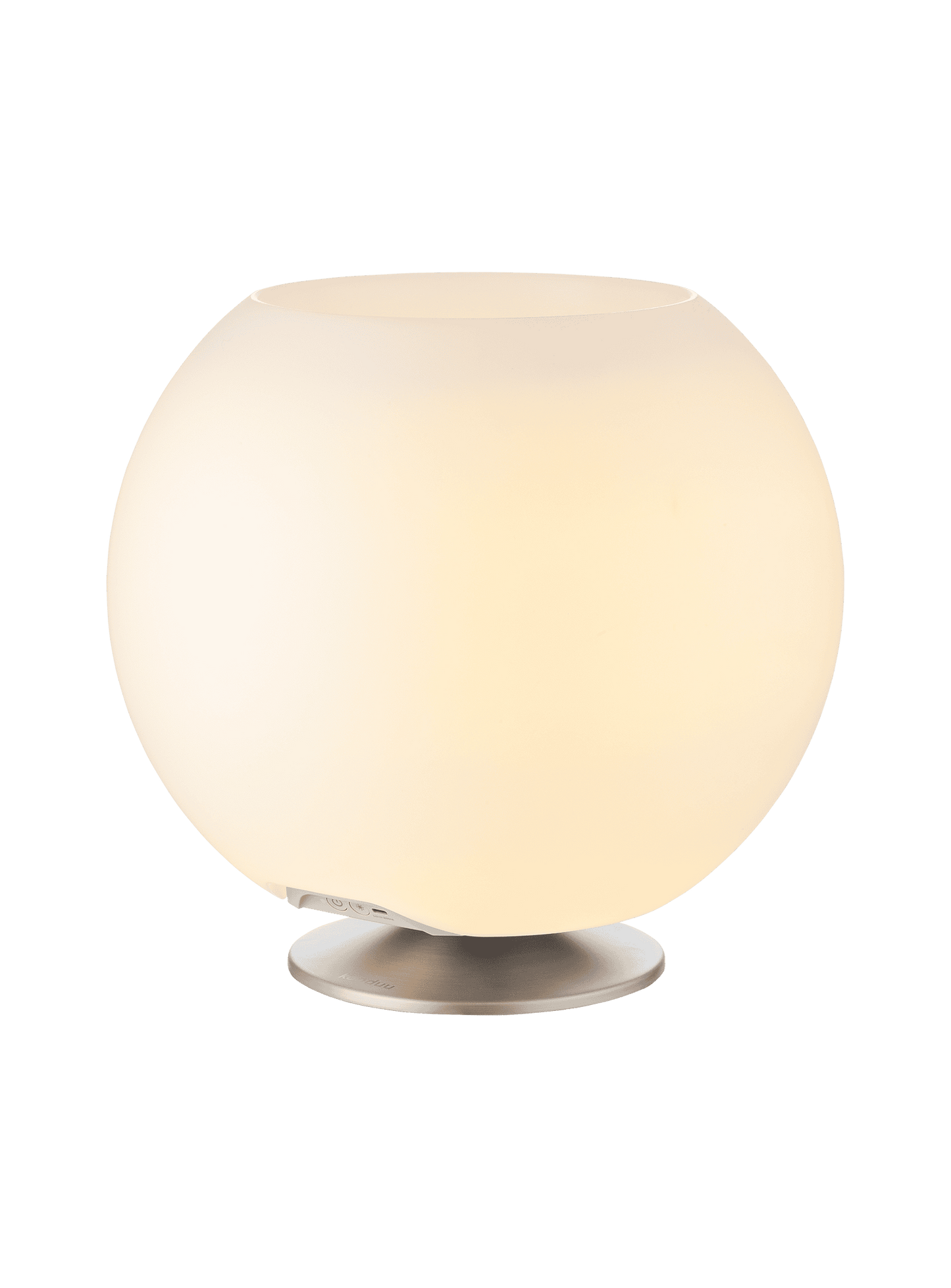 Sphere Brushed Silver by Kooduu – portable speaker lamp with dimmable light and drink cooler for upscale home decor.