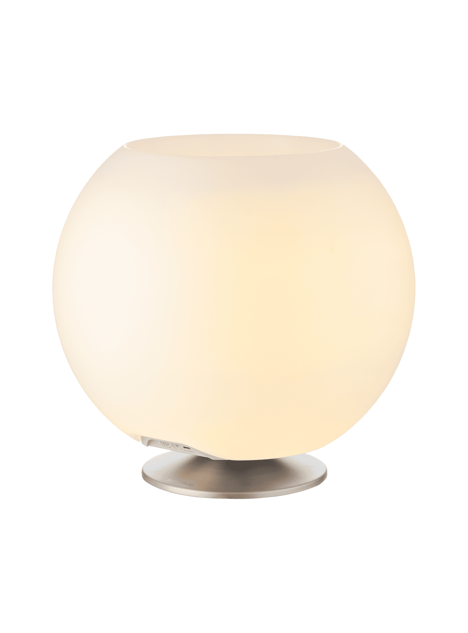 Sphere Brushed Silver by Kooduu – portable speaker lamp with dimmable light and drink cooler for upscale home decor.