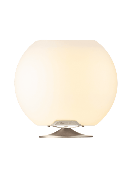 Sphere Brushed Silver by Kooduu – portable LED lamp, Bluetooth speaker, and drink cooler for modern home entertainment.
