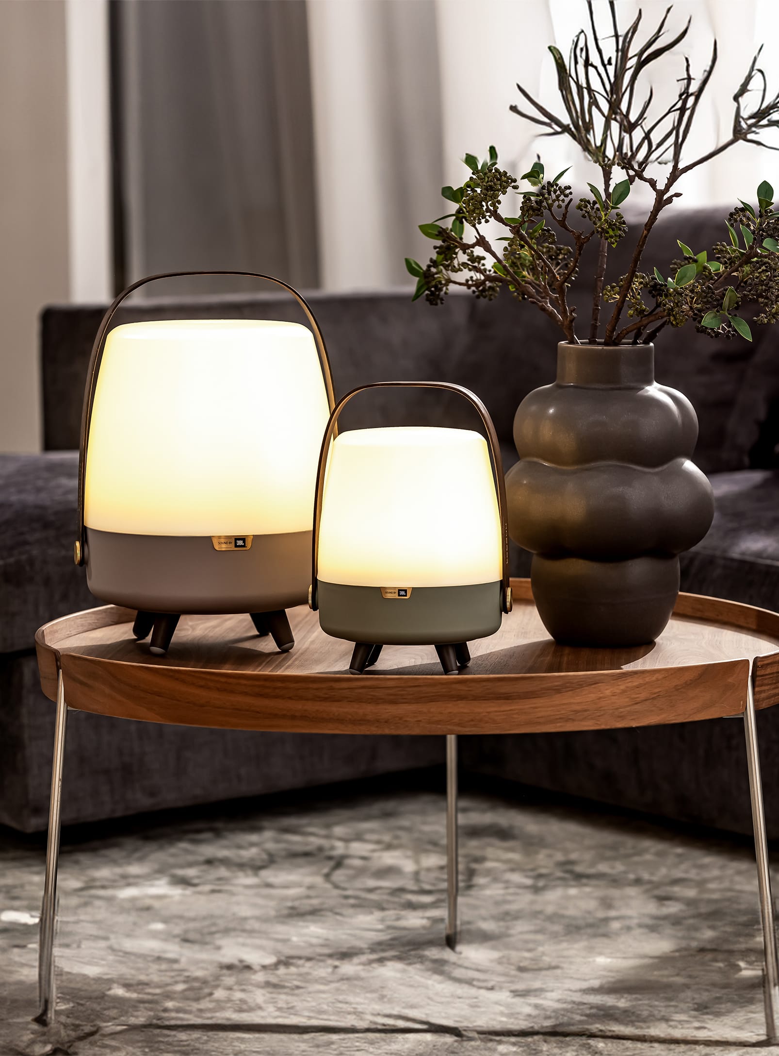 Kooduu Lite-up Play Mini Petroleum – compact LED lamp with JBL Bluetooth sound, adjustable warm white light, and portable design.