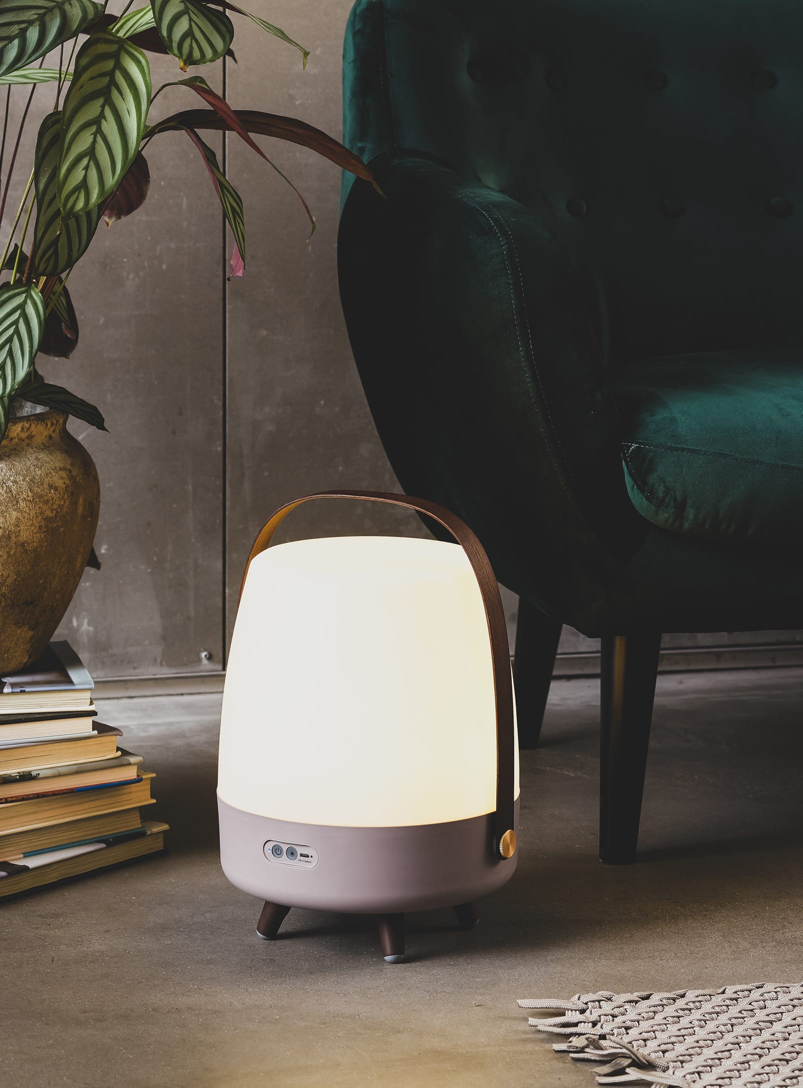 Portable Lite-up Play Earth by Kooduu – elegant LED table lamp with Bluetooth sound and True Wireless stereo pairing capability.