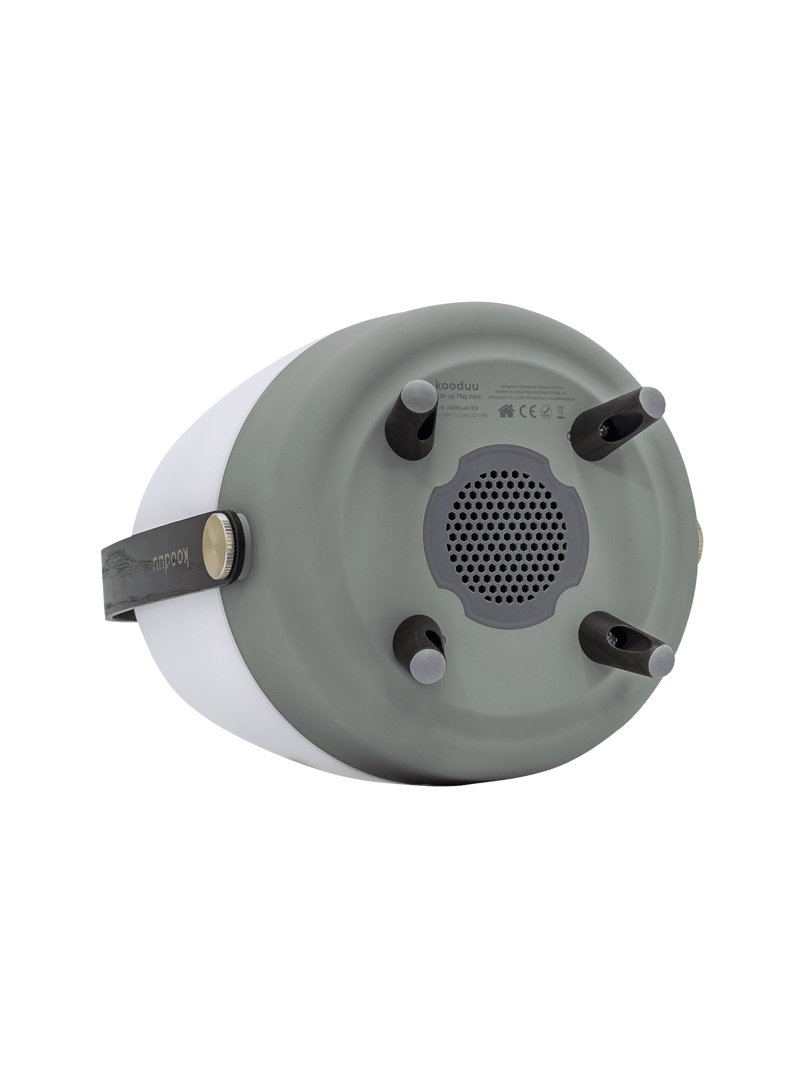 Kooduu Lite-up Play Mini Petroleum – rechargeable LED lamp with Bluetooth JBL speaker, FSC-certified handle, and luxurious brass accents.
