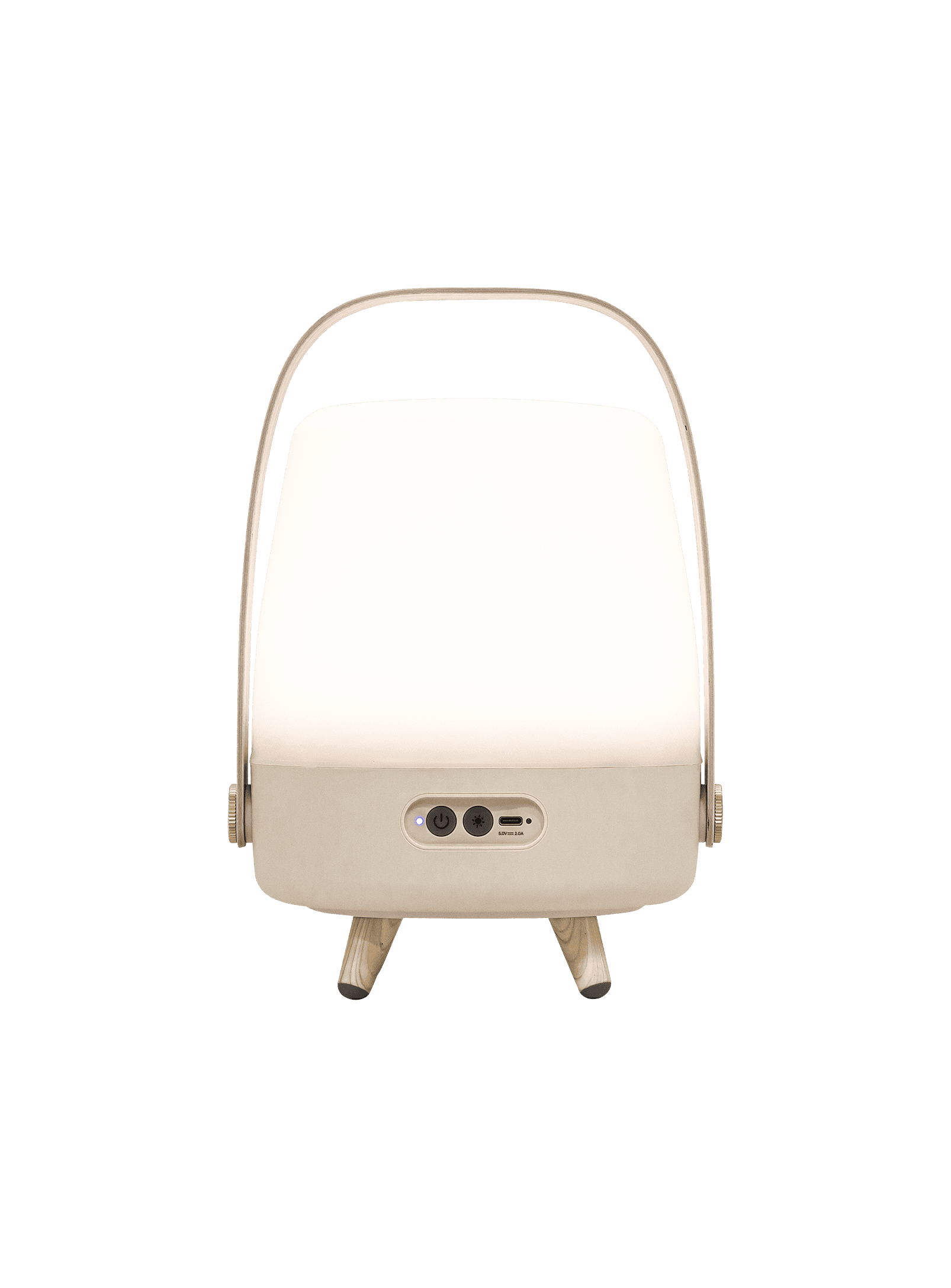 Kooduu Lite-up Play Mini Sand – compact LED lamp with JBL sound, FSC-certified wooden handle, and brass accents for luxury design.