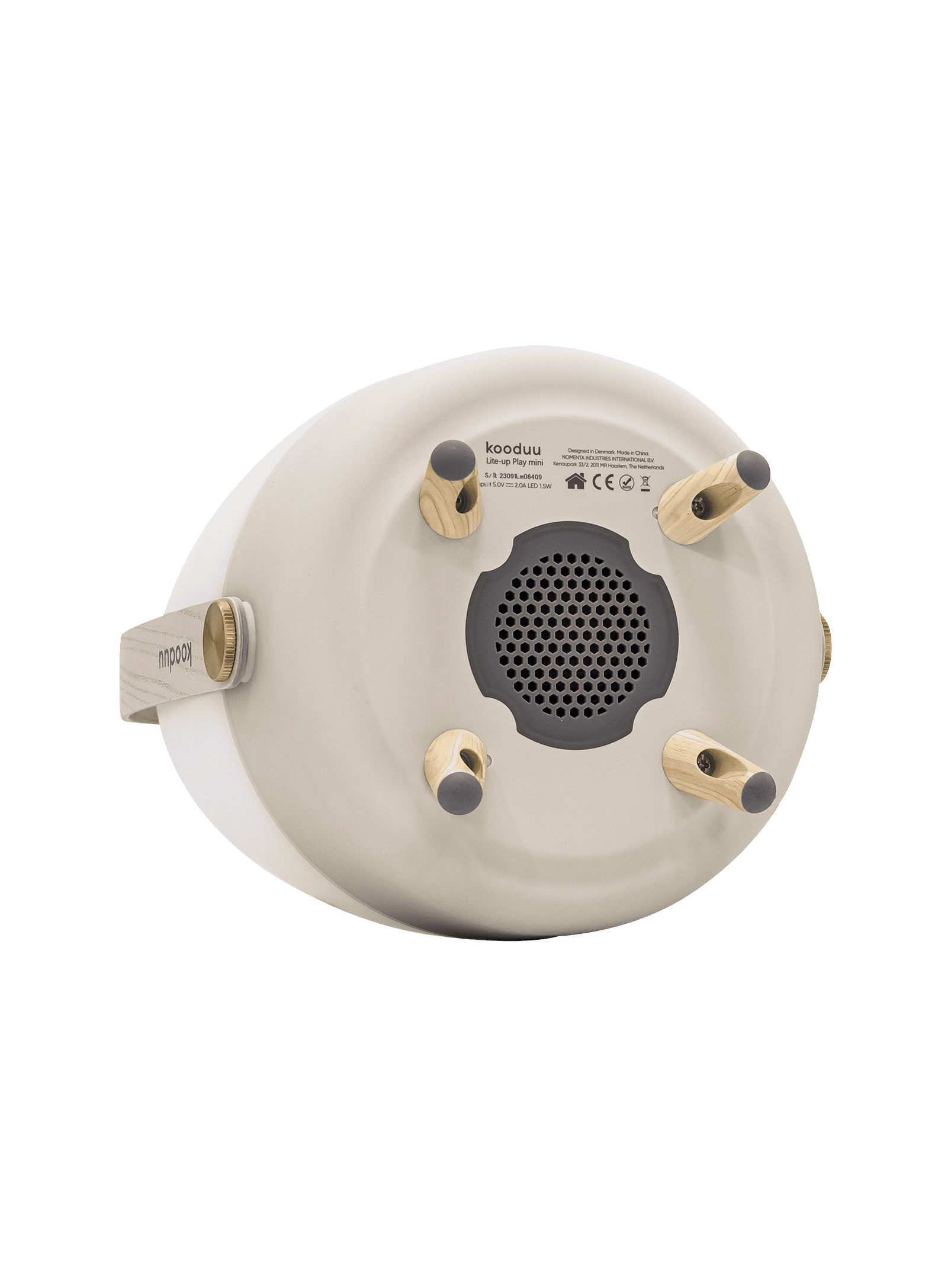 Lite-up Play Mini Sand by Kooduu – dimmable LED lamp with Bluetooth JBL speaker, eco-friendly design, and elegant brass accents.