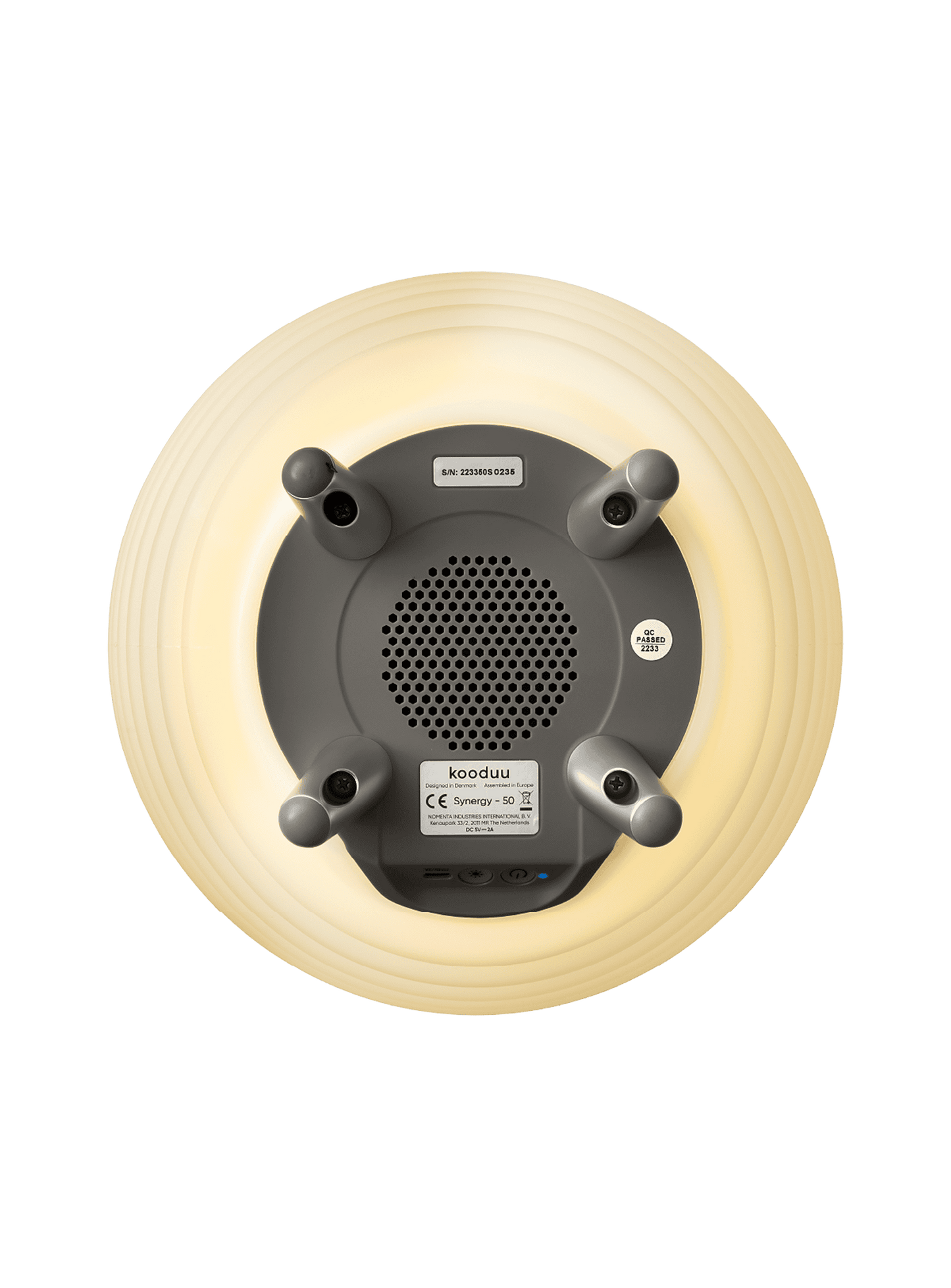Synergy 50 by Kooduu – portable 3-in-1 LED lamp, speaker, and cooler with easy-to-use interface and stable legs for setup.