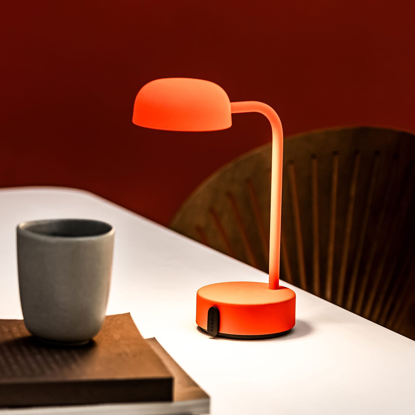 Fokus Orange LED lamp by Kooduu, portable and dimmable for Canadian homes and work.