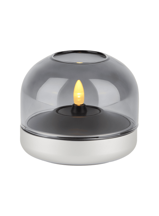 Kooduu Glow 08 Frosted Silver – sleek flameless candle holder with rechargeable Shine LED candle for safe, stylish lighting.