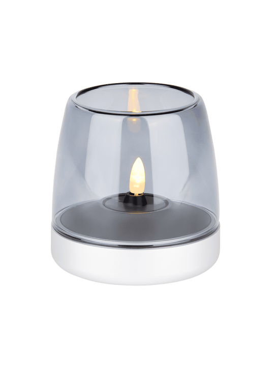 Kooduu Glow 10 Frosted Silver – elegant flameless candle holder with rechargeable LED candle for over 100 hours of safe lighting.