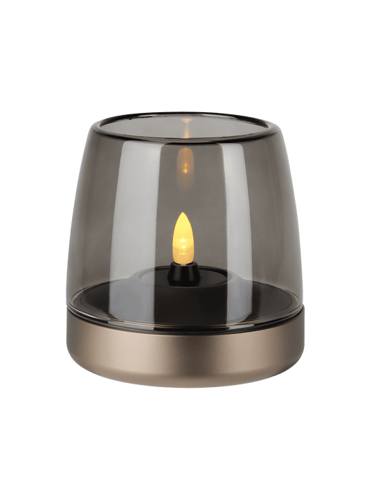 Kooduu Glow 10 Sepia – elegant flameless candle holder with rechargeable LED for over 100 hours of safe, stylish lighting.